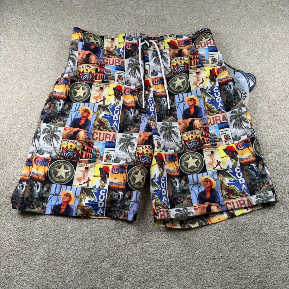 Blue Marlin Mens Cuba Postcard Print Swim Trunks XL Blue Multi Collage Shorts